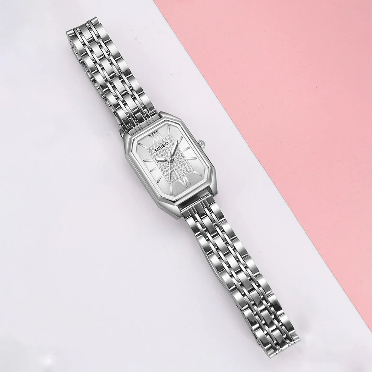 Women's Rectangle Dial Quartz Watch – Silver Steel Band Women's Fashion Watch Qme