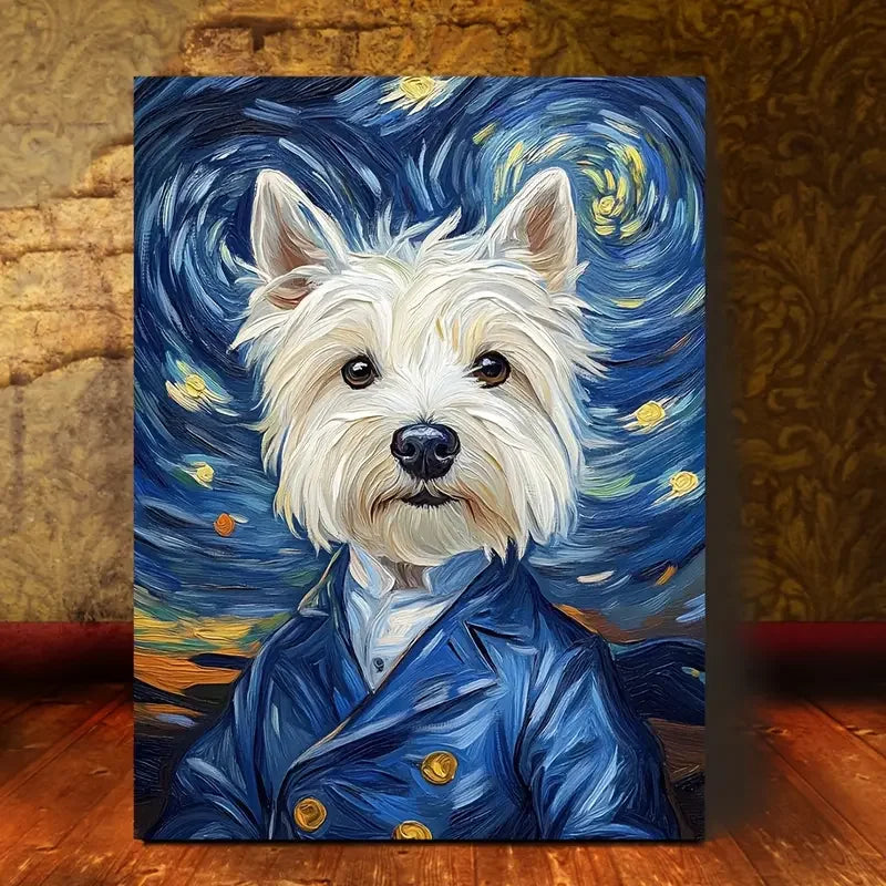 Van Gogh Westie Dog Canvas Art – Starry Night Style 11.8x15.7 In Canvas Wall Art Qst No frame 40x60cm Unframed