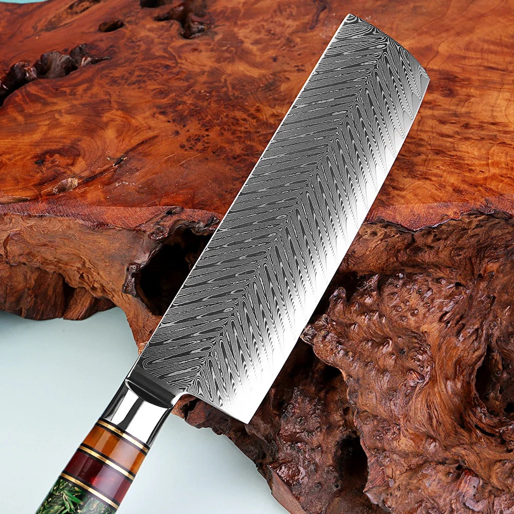 XITUO 7" Damascus Steel Nakiri Knife – Rice Husk Handle Nakiri Kitchen Knife Qst