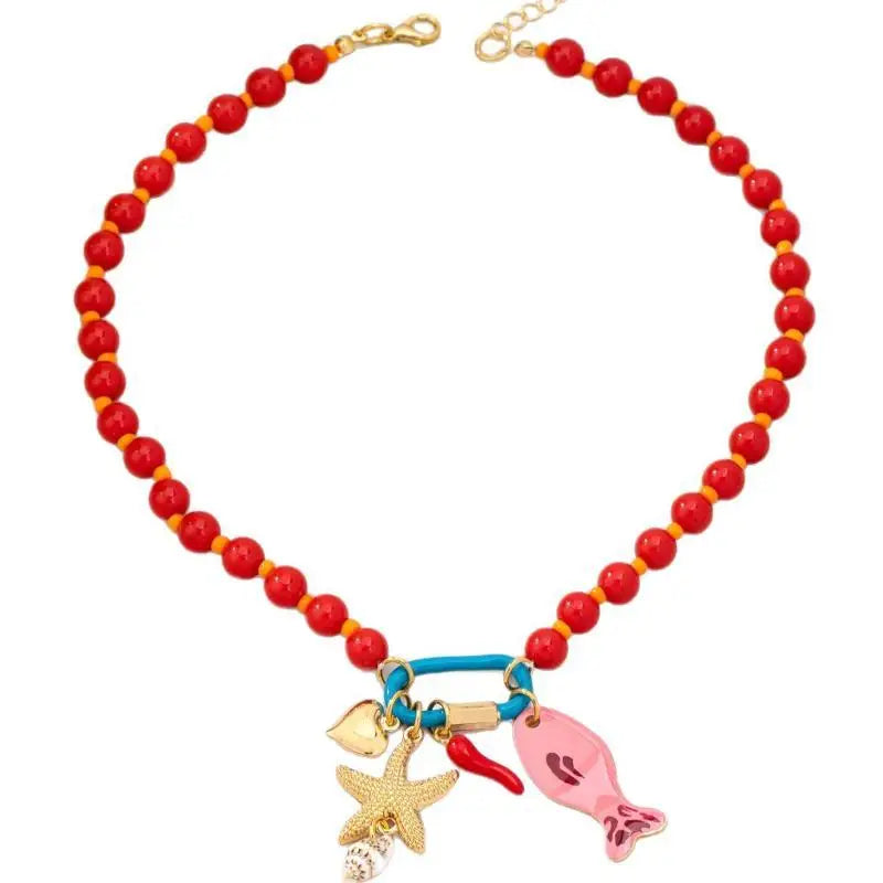 Summer Beaded Layered Necklace – Starfish & Fish Charms Beaded Layered Necklace Qst