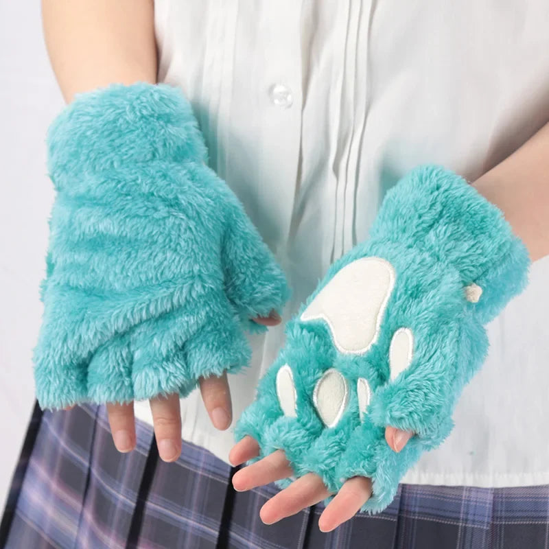 Women's Plush Cat Claw Gloves – Cute Bear Paw Fingerless Mittens Fingerless Novelty Gloves Qme Emerald Green One Size