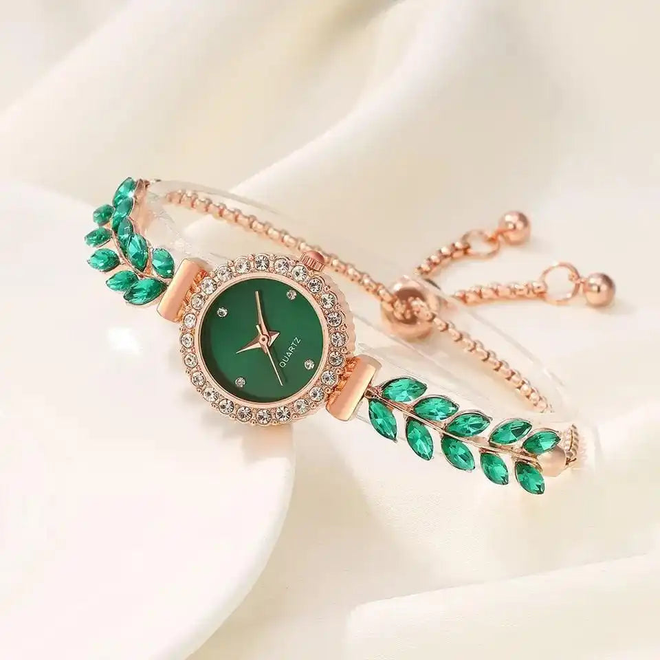 Women's Diamond Studded Bracelet Quartz Watch & Jewelry Set Bracelet Watch Set Qme