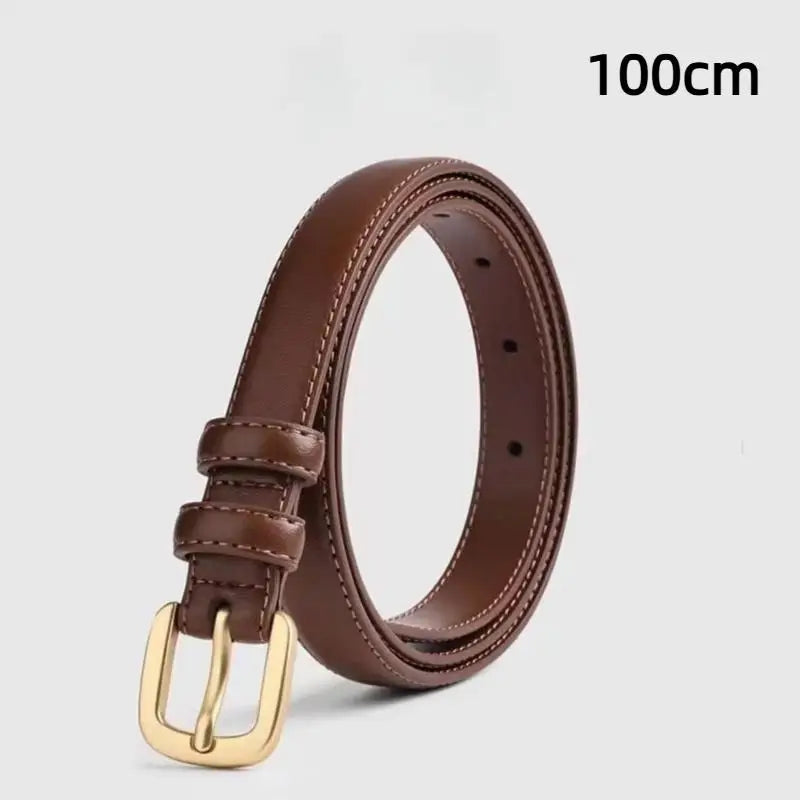 Women's 2cm PU Leather Belt – Slim Metal Buckle Western Style Women's Belt Qst Brown1