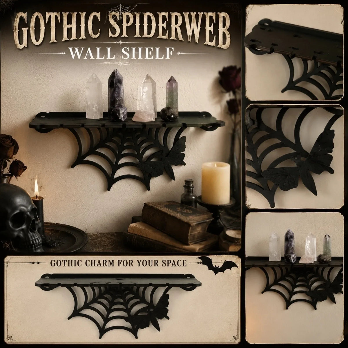 Gothic Wooden Spider Web Wall Shelf – Storage Rack, 3 Colors Gothic Wall Shelf Qme