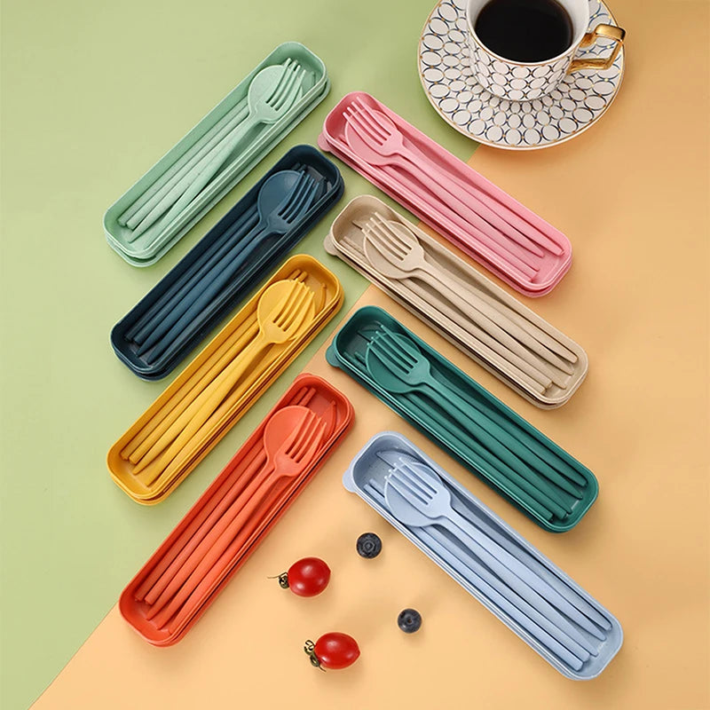 4-Piece Reusable Wheat Straw Cutlery Set with Carry Box Portable Cutlery Set Qst