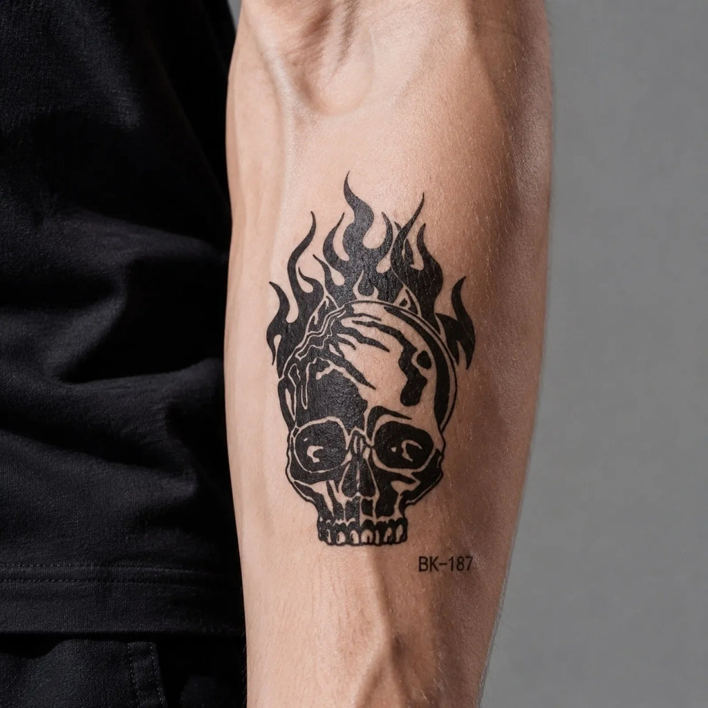 Ghoic Skull & Flower Temporary Tattoos – Sketch Body Art Temporary Tattoo Stickers Qme