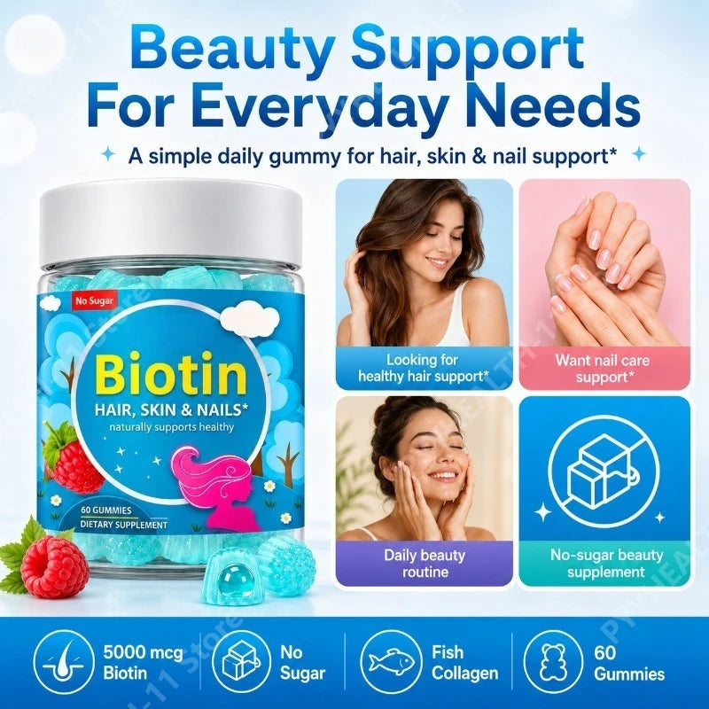 5000mcg Biotin Gummies – Collagen, MSM, Keratin | 60 Count Beauty Supplement Gummies Qst