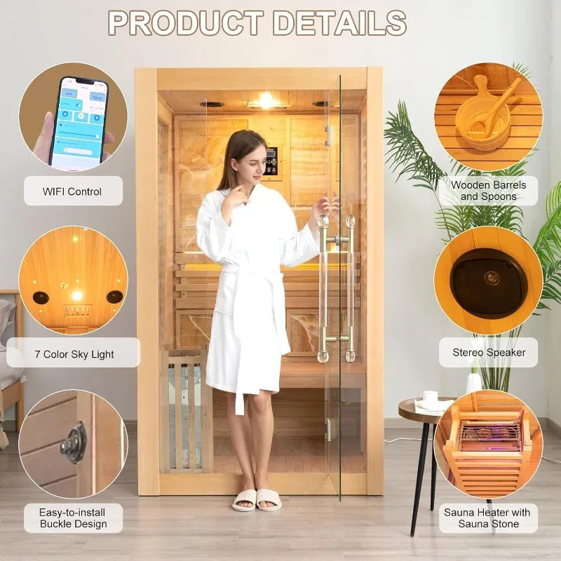 SMARTMAK 1-Person Canadian Hemlock Home Sauna – WiFi, 3.5kW Indoor Home Sauna Qst