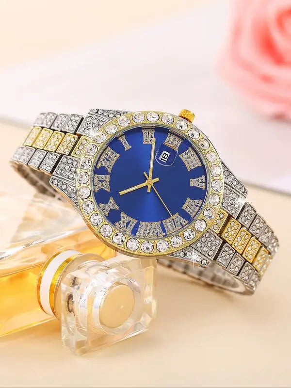 Stainless Steel Watch Roman Numerals Cuban Link Bracelet Set Watch & Jewelry Set Qme