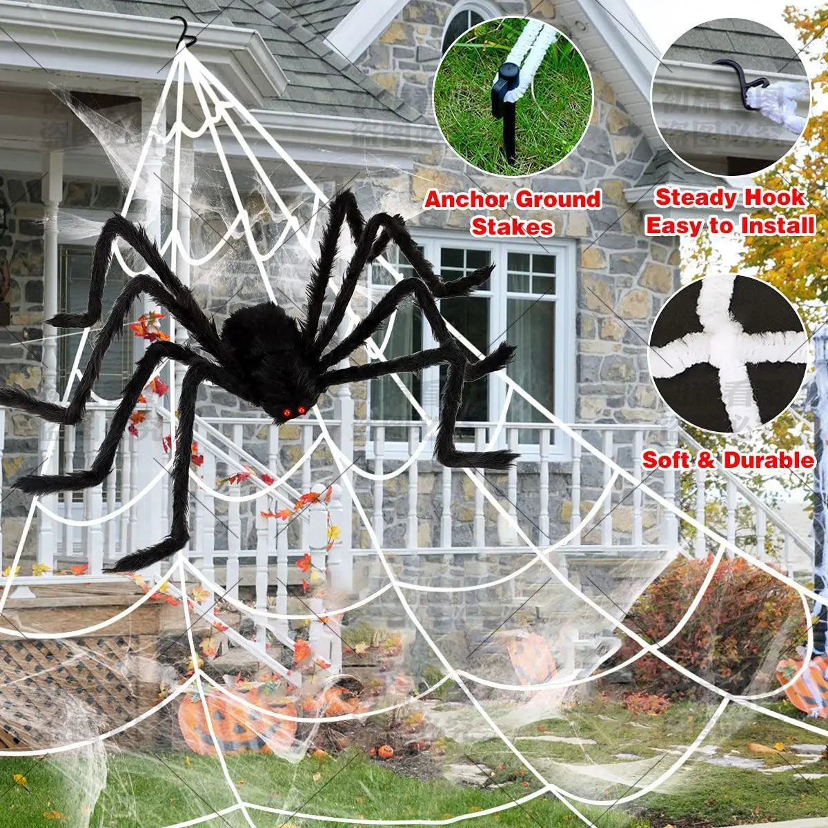 Big Plush Spider Halloween Decoration – Lifelike Cobweb Prop Halloween Decoration Qme