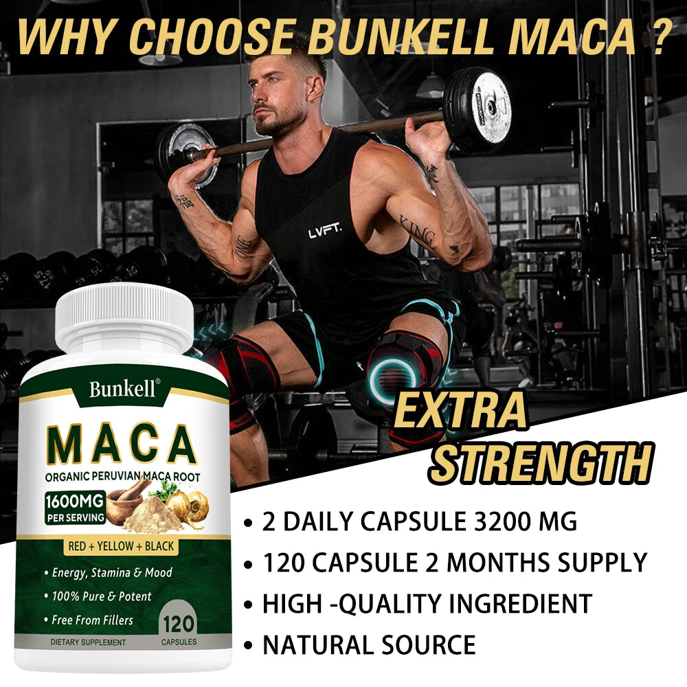 Organic Maca Root Capsules 1600mg – Triple Black Red Yellow Blend Maca Root Supplement Qst