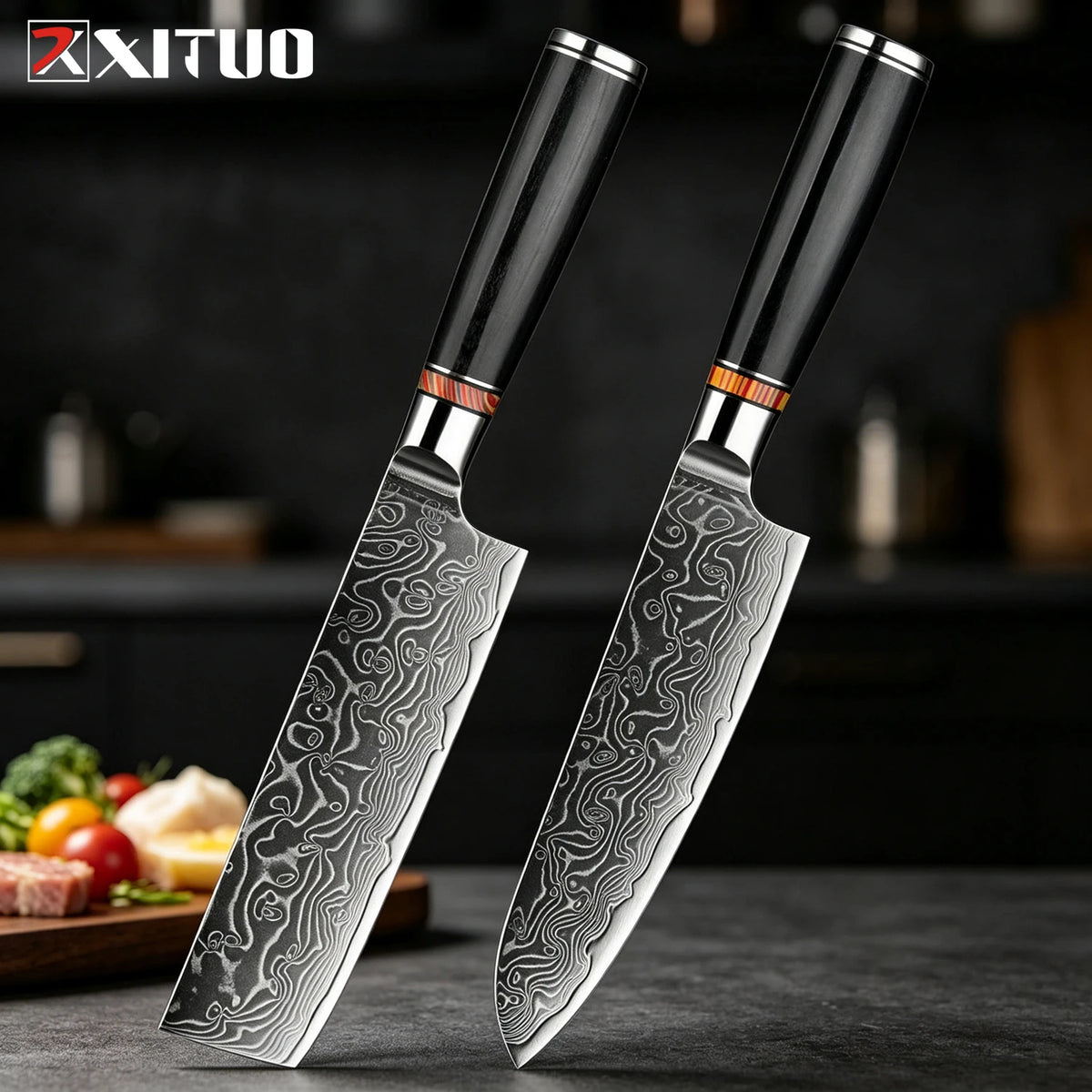XITUO Damascus Steel Kitchen Knife Set – Santoku & Nakiri Kitchen Knife Set Qst 2PCS Knife A