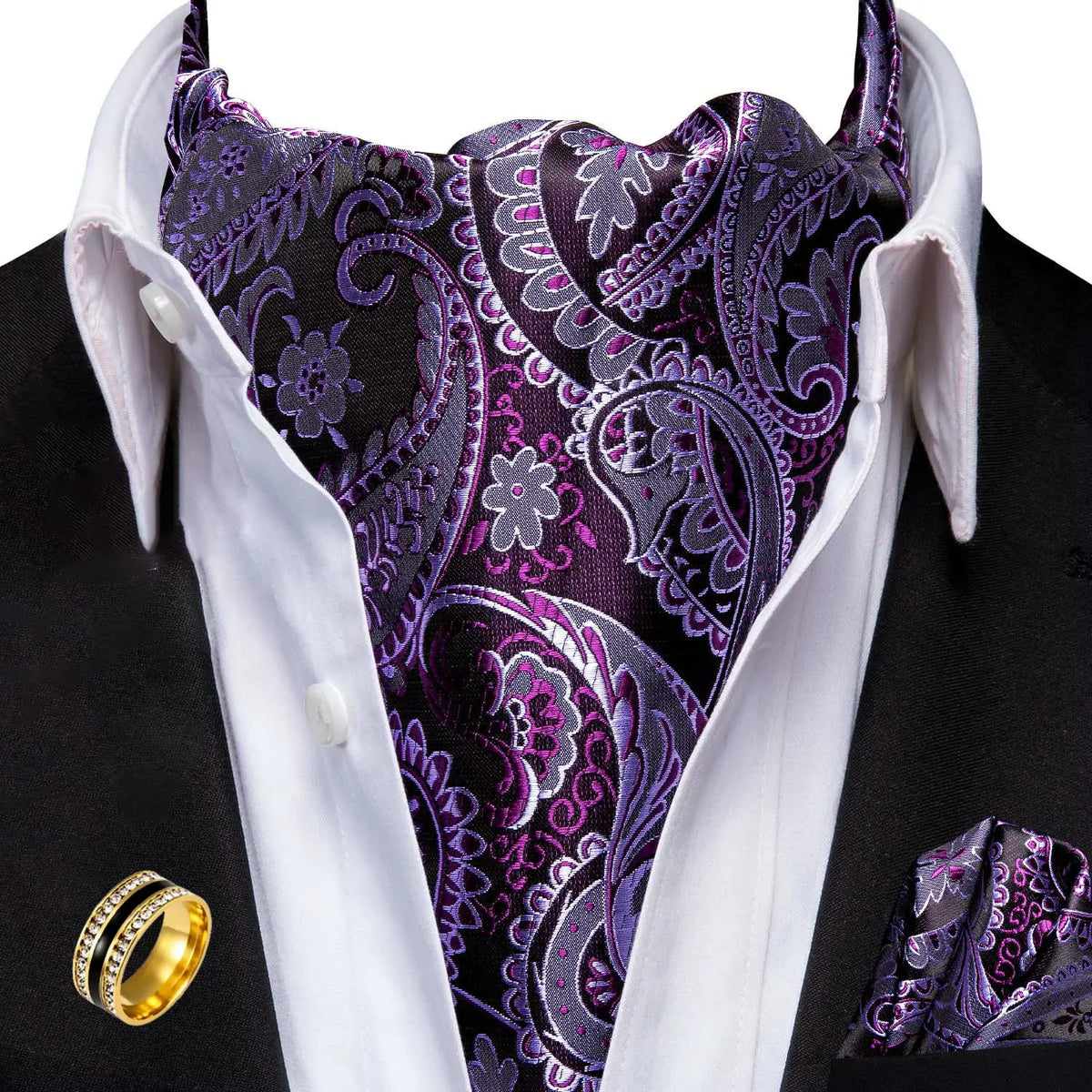 Men's Ascot Tie Cravat Set with Pocket Square & Ring Ascot Cravat Set Qme AS-1059-JZ0020