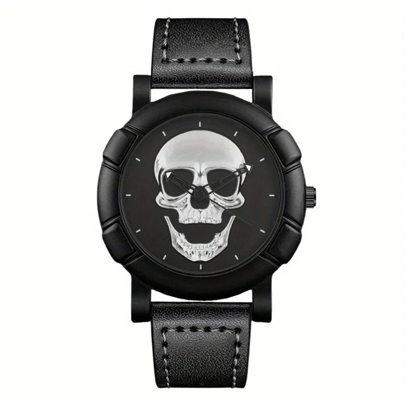 Skull Pattern Round Quartz Watch – PU Leather Strap Quartz Fashion Watch Qme