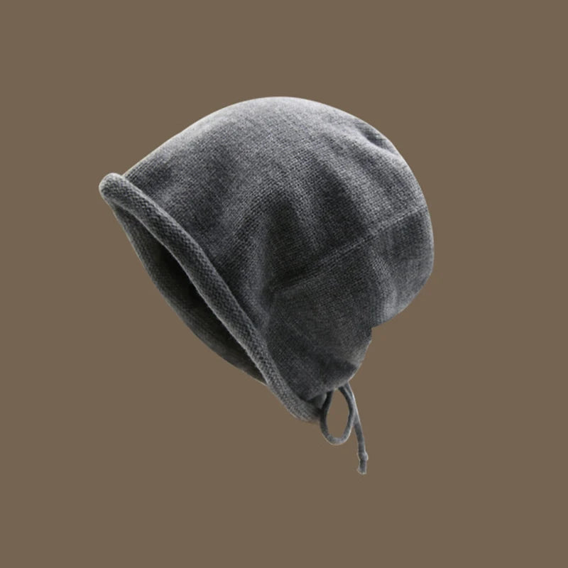 Women's Knitted Drawstring Beanie – Warm Pile Hat Curled Brim Knitted Winter Beanie Qst Grey