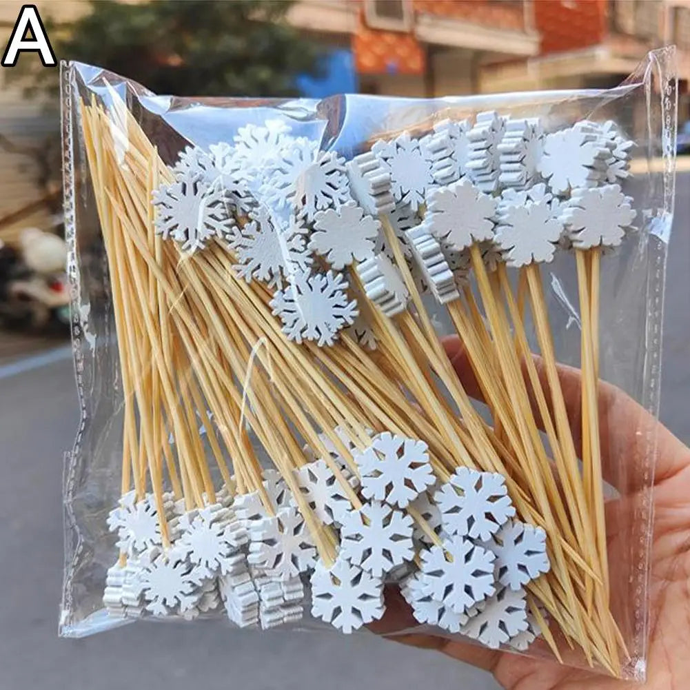 Christmas Bamboo Fruit Picks – Snowflake Santa Elk 50pcs Bamboo Food Picks Qme White snowflakes
