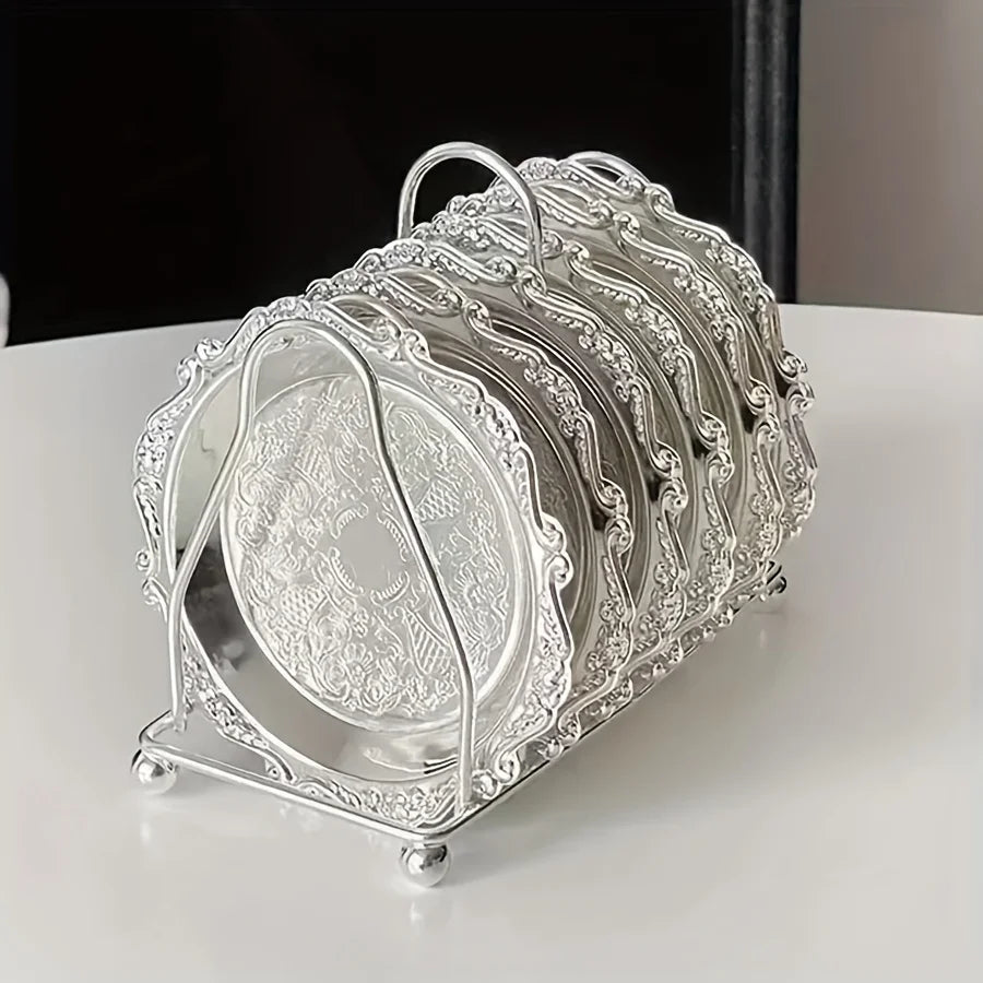 Carved Metal Drink Coasters Set with Holder – Luxury Steel Drink Coaster Set Qme 1set