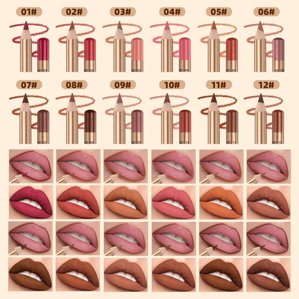 QIBEST 12-Color Matte Waterproof Lip Liner Pencil Set Lip Liner Set Qme