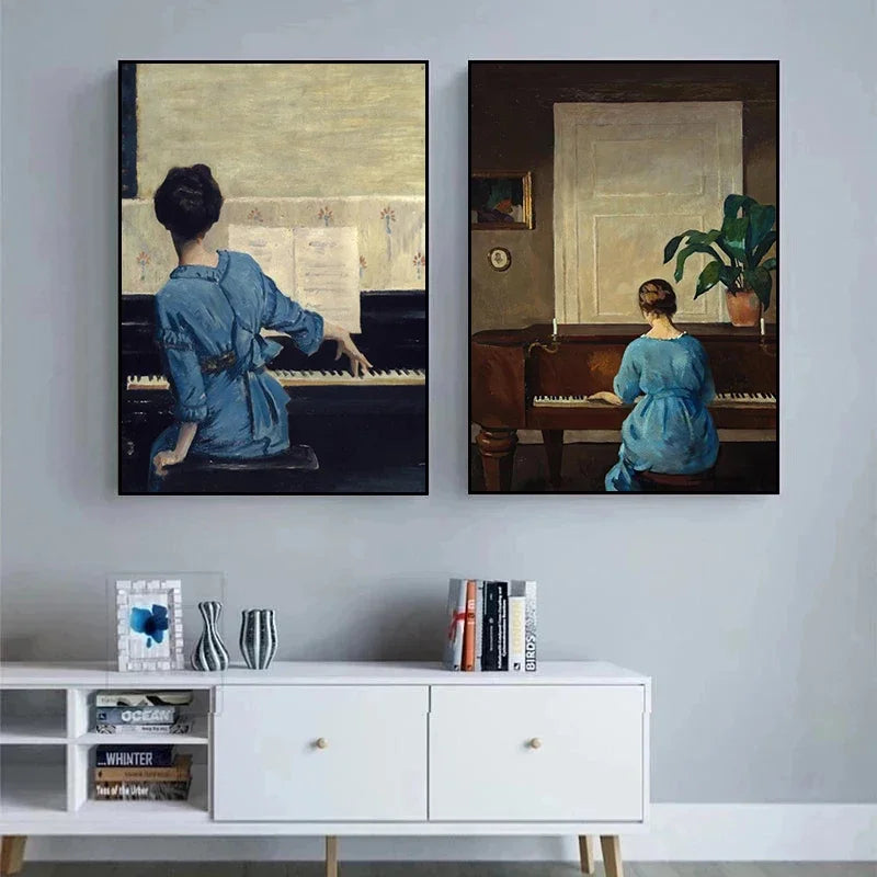 Vintage Piano Girl Aesthetic Canvas Wall Art Poster Print Canvas Wall Art Qst