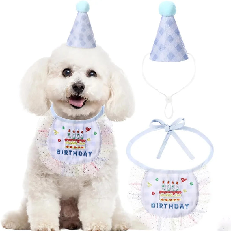 2-Piece Pet Birthday Hat & Scarf Set – Cute Embroidered Cat Pet Party Accessories Qme