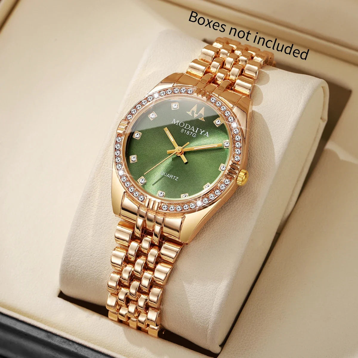 Women's Crystal Watch Rose Gold Tone Green Dial | Everyday Women's Fashion Watch Qme Gold Green No Box