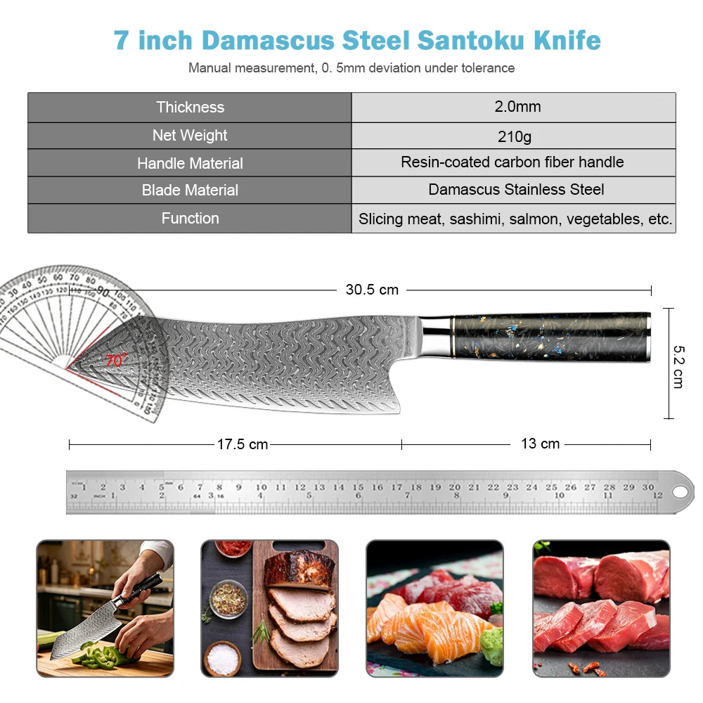XITUO 7" Damascus Steel Santoku Knife – Carbon Fiber Handle Santoku Kitchen Knife Qst