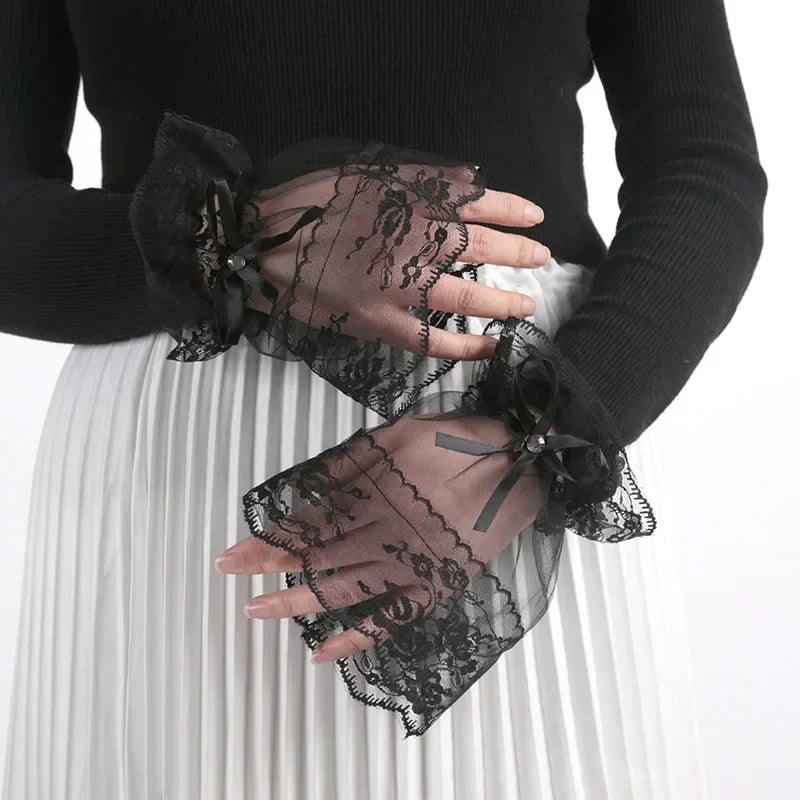 Women's Gothic Lace Mesh Horn Cuff Gloves – Ruffled Detachable Lace Arm Warmers Qme