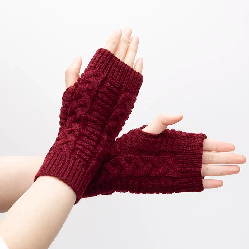 Women's Knitted Fingerless Gloves – Winter Arm Warmers Fingerless Arm Warmers Qme wine red length-20cm