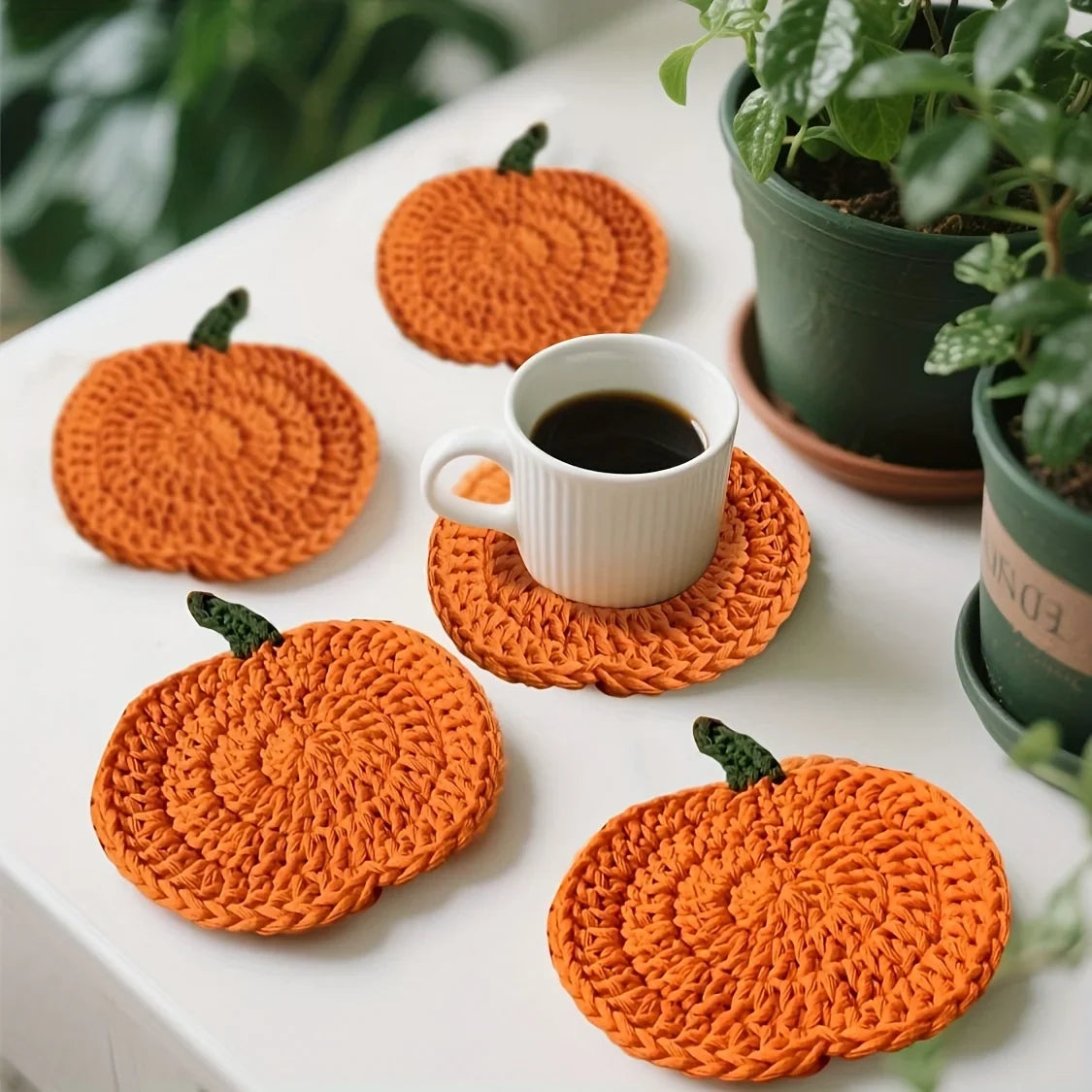 Crochet Pumpkin Coasters – Handmade Knitted Cup Mat Knitted Coaster Set Qme