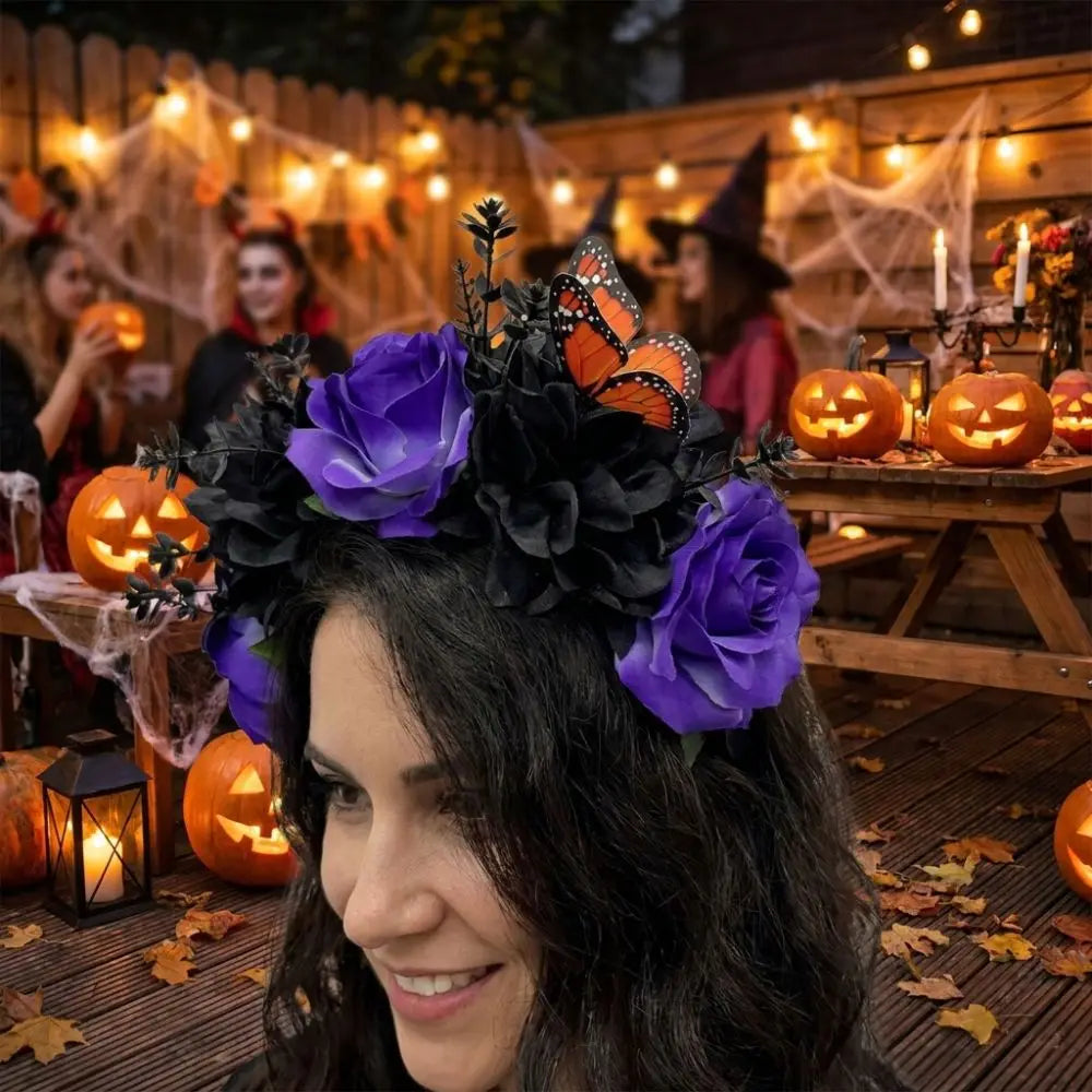 Gothic Rose Flower Crown with Butterfly – Halloween Headband Flower Crown Headband Qme