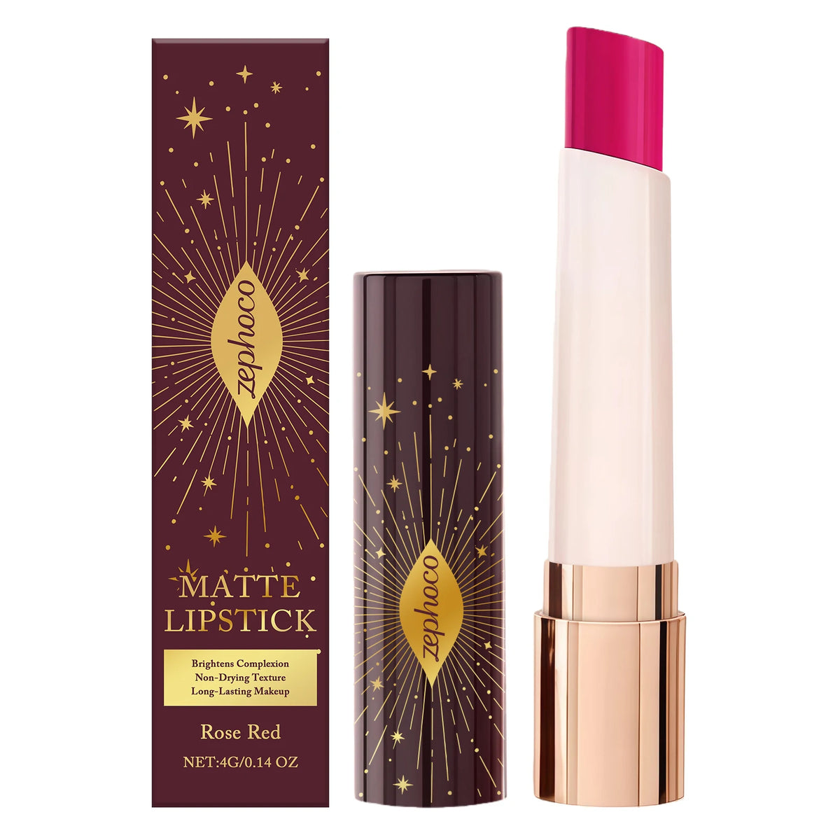 Zephoco Star Glow Matte Lipstick – Velvet, Long-Lasting Matte Lipstick Qst Rose Red