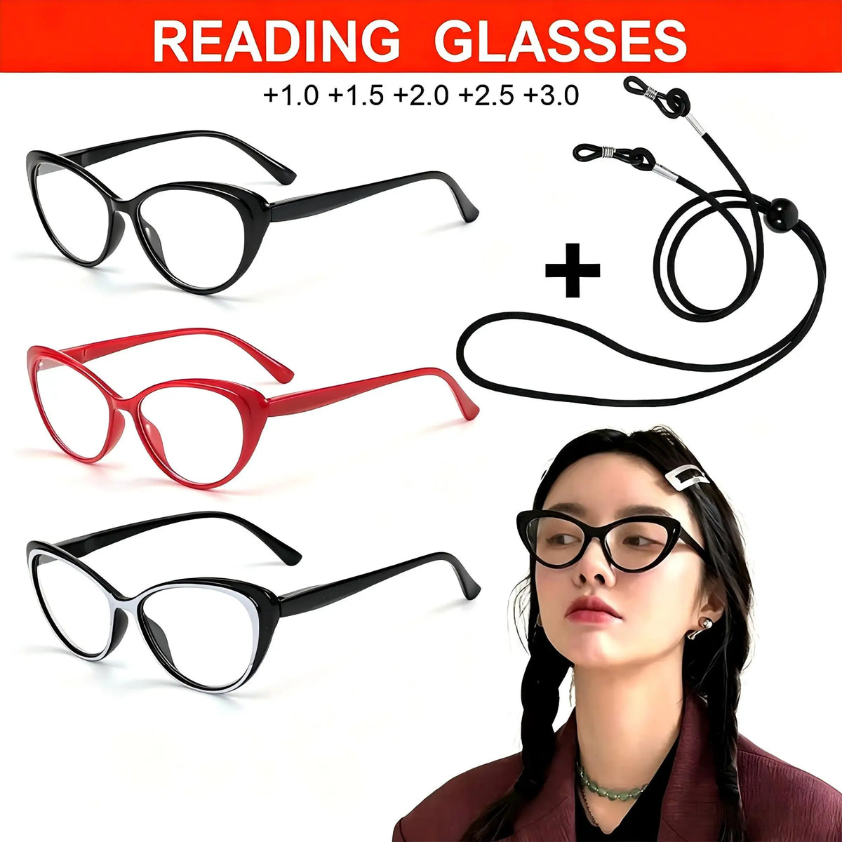 VOPHA Cat Eye Reading Glasses with Retainer Strap | L52 Cat Eye Reading Glasses Qst
