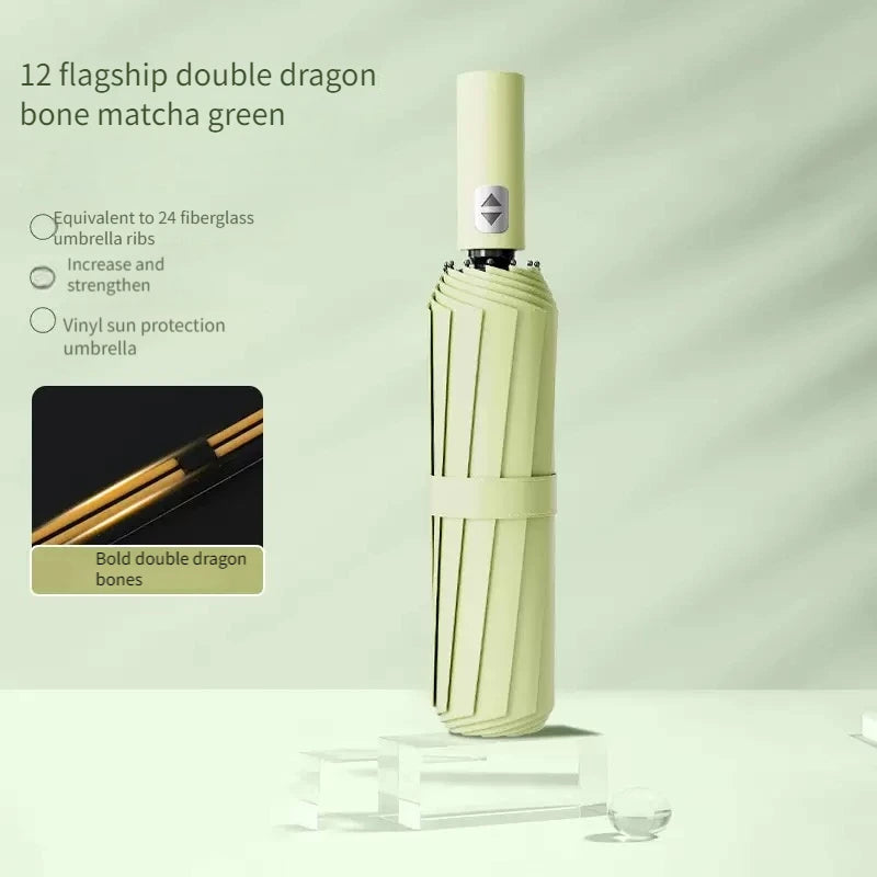 Automatic 24-Rib Folding Umbrella – UV & Rain, Multi-Color Folding Umbrella Qst Mocha green 24K Iron