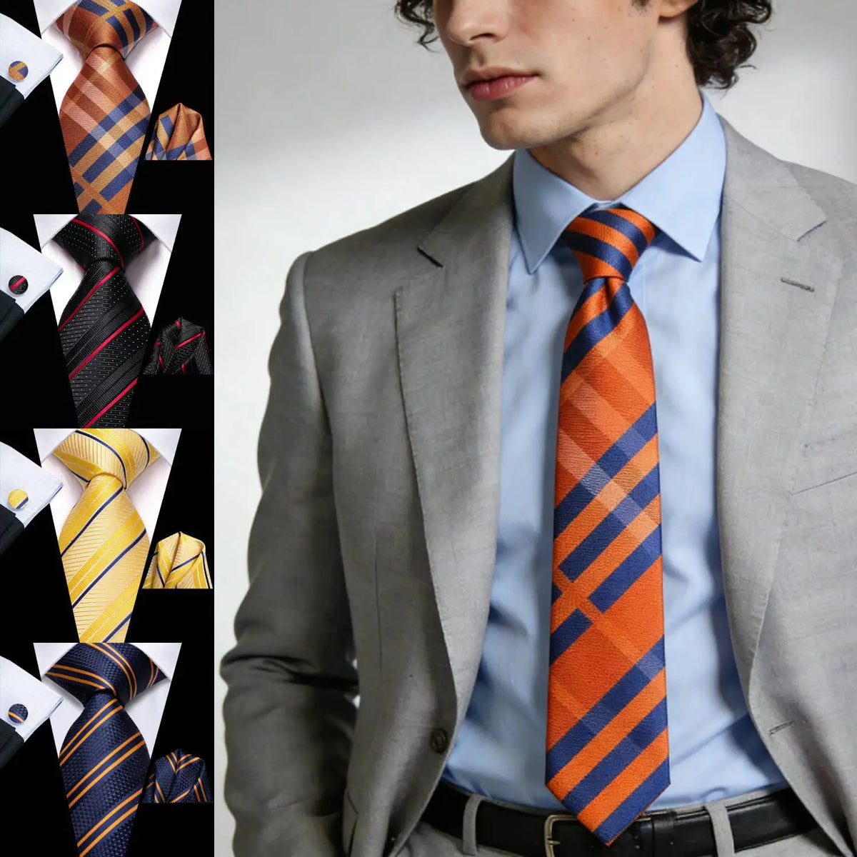 Men's Extra Long Tie 3-Piece Set – Cufflinks & Pocket Square Tie & Accessories Set Qme