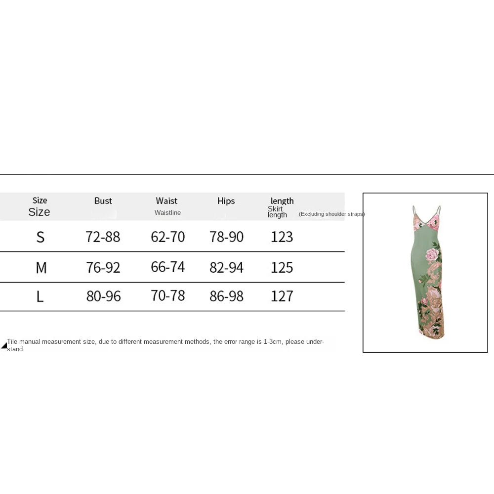 Slim-Fit Sleeveless Backless V-Neck Print Suspender Dress Maxi Suspender Dress Qme