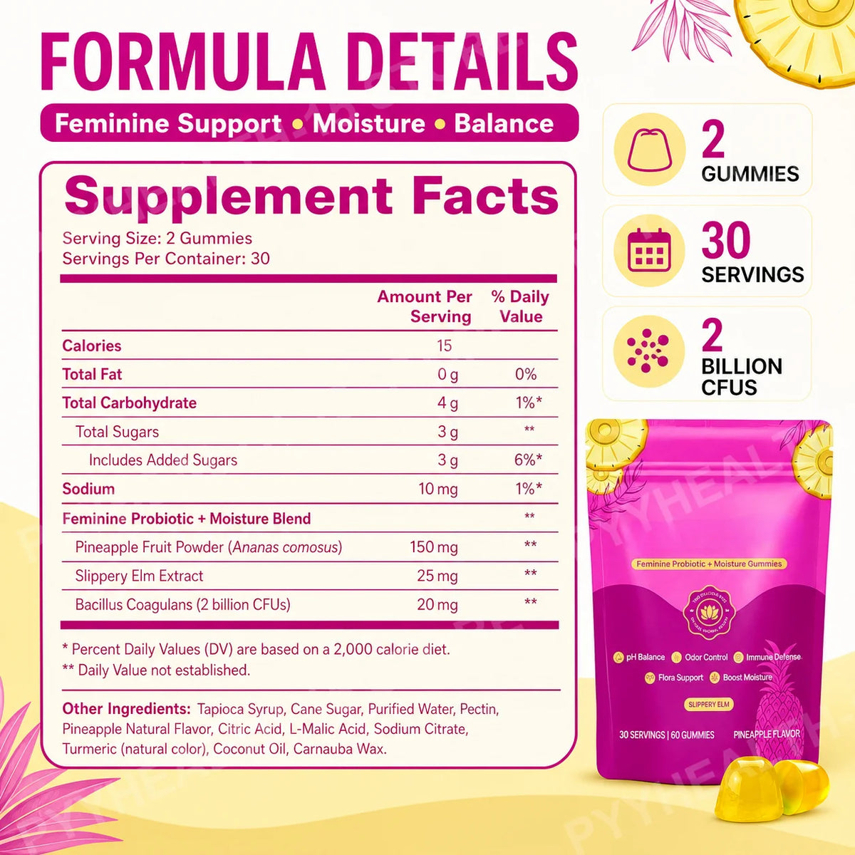 Women's Probiotic Gummies 2B CFUs – Pineapple Flavor 60ct Probiotic Gummies Qst