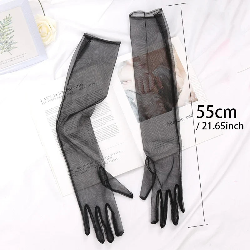 Women's Sheer Lace Mesh Gloves – Ultra Thin Elastic, 55cm Lace Mesh Gloves Qme
