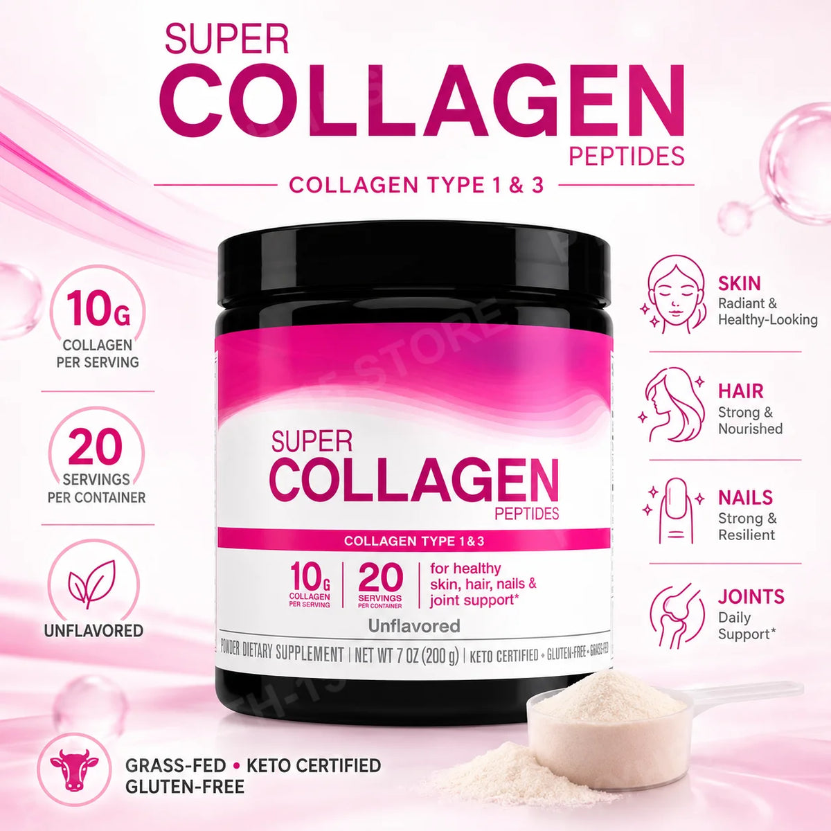 Unflavored Collagen Peptides Powder 10g Hydrolyzed Bovine – 20 Servings Collagen Supplement Qst