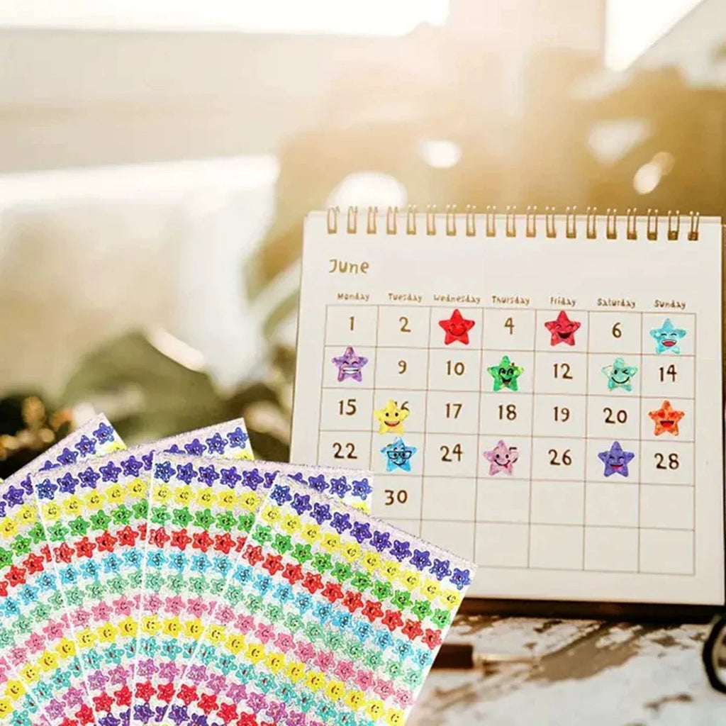 Glitter Foil Star & Happy Face Stickers – 1500 Pcs, 15 Designs Craft Stickers Qme