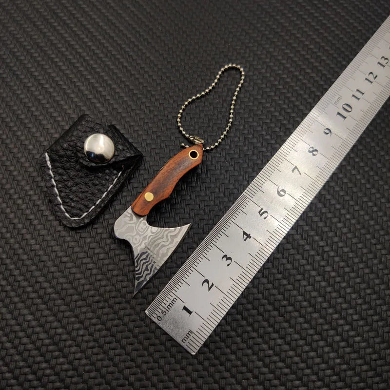 Swayboo Mini Damascus Keychain Knife – Fixed Blade Pendant Fixed Blade Knife Qst Axe wood Pattern
