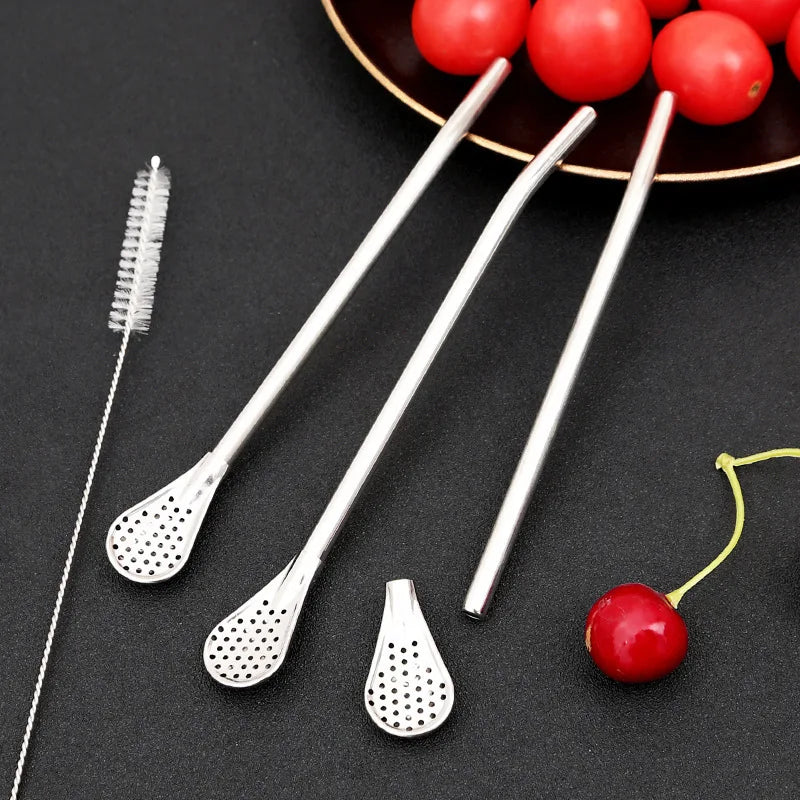 Reusable Stainless Steel Straw Spoon & Tea Filter – 3-in-1 Reusable Drinking Straw Qme