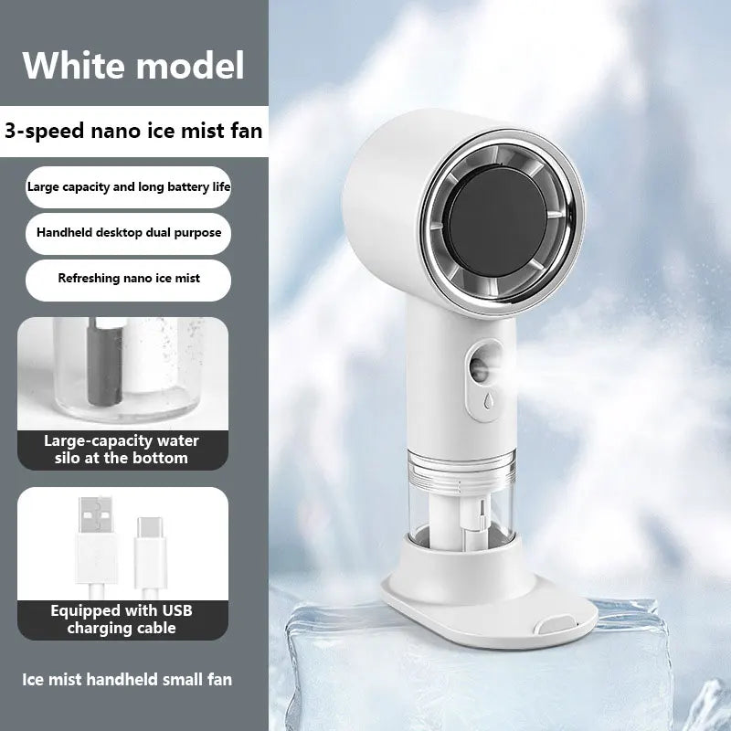 Portable Mist Spray Fan – USB Rechargeable 3-Speed Mini Fan Handheld Mist Fan Qst white