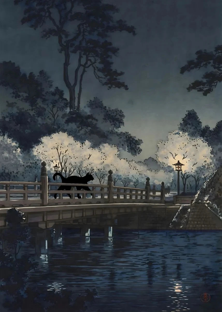 Vintage Black Cat Japanese Forest Canvas Wall Art Print Poster Canvas Wall Art Qst G 50X70cm No Framed