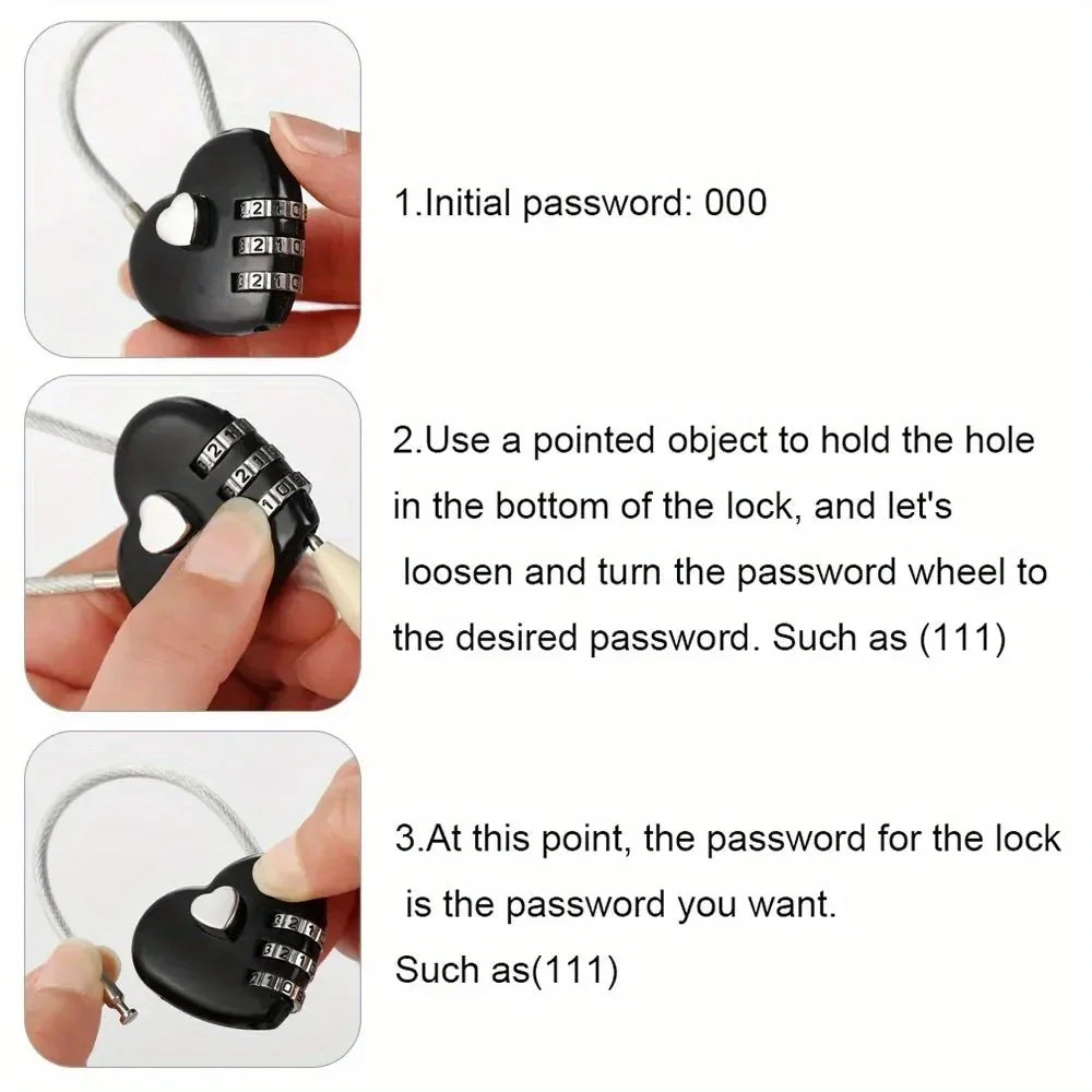 Heart Shaped 3-Digit Combination Lock Steel Wire Rope Padlock Combination Padlock Qme