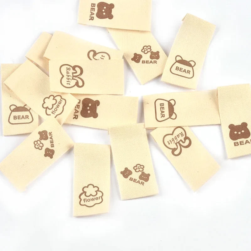 20x40mm Bear Rabbit Printed Beige Cloth Labels 50pcs – DIY Craft Fabric Craft Labels Qme