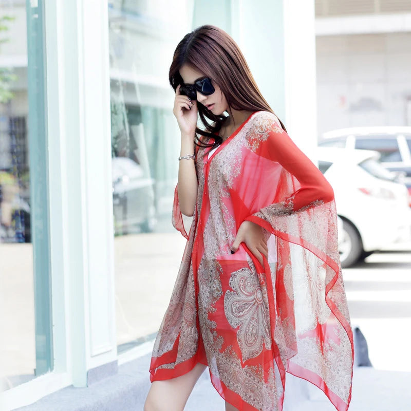 Oversized Chiffon Printed Shawl Scarf – UV Beach Wrap 110×160 Chiffon Shawl Scarf Qst Red