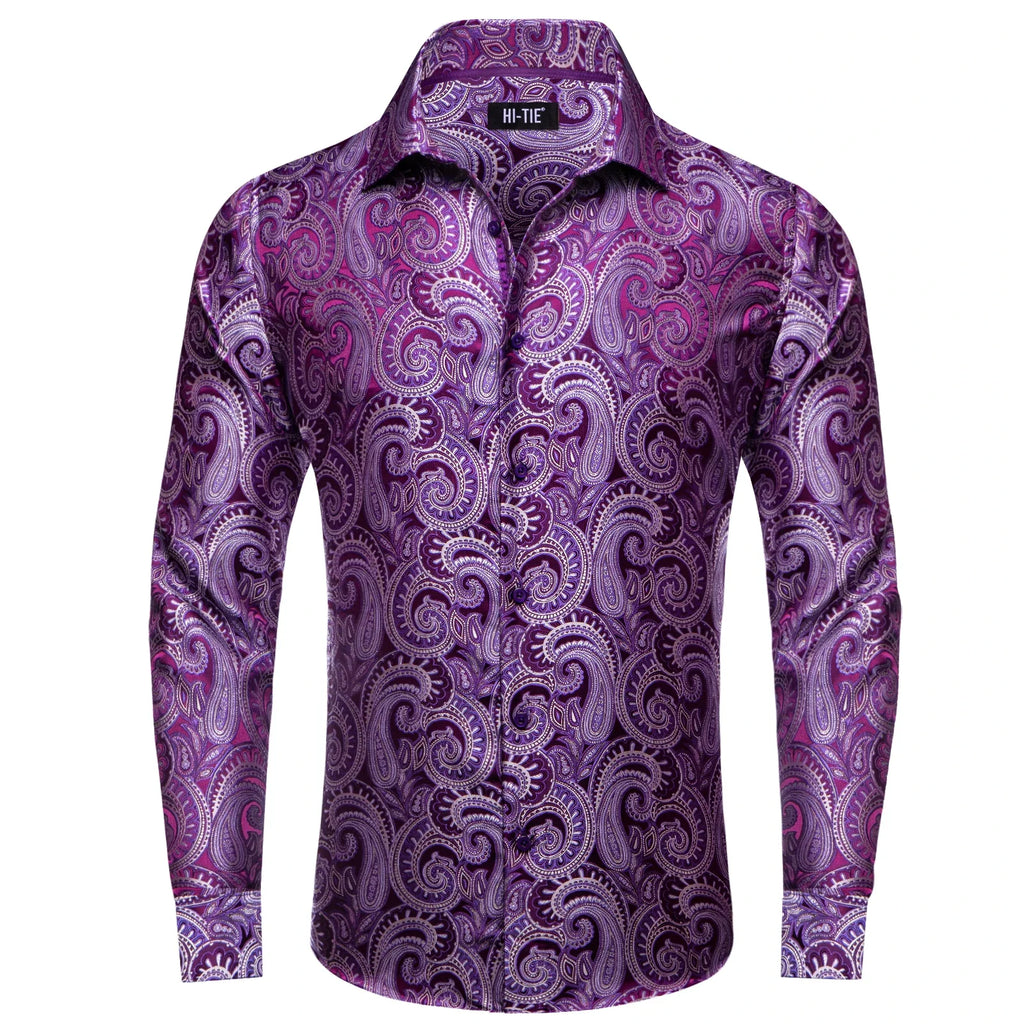 Men's Luxury Paisley Jacquard Shirt | Purple Mixed Pattern Men's Dress Shirt Qme CY-1079 XXXL