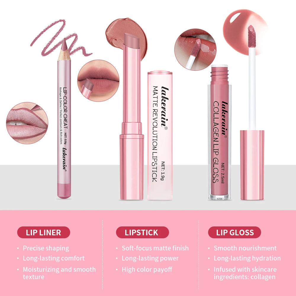 Iconic Mini Lip Kit – Waterproof Lipstick & Gloss 3pc Set Lip Makeup Set Qst