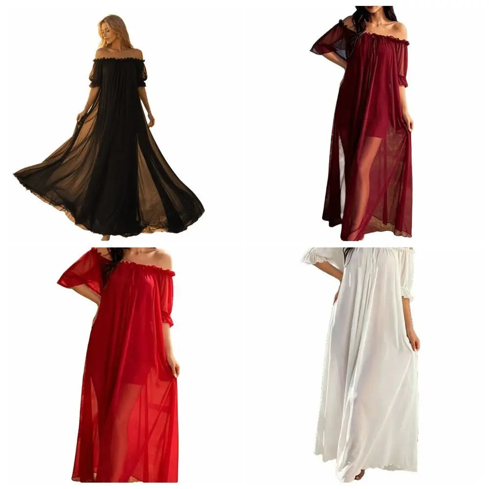 Off Shoulder Sheer Mesh Nightgown V-Neck Ruffle Nightdress Mesh Nightgown Qme