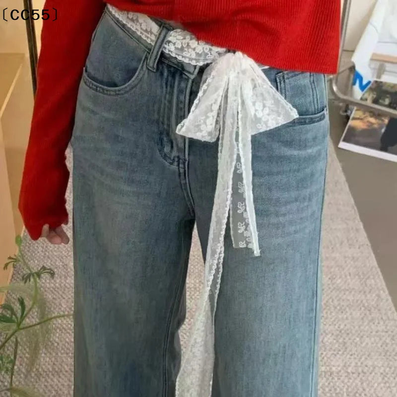 Y2K Floral Lace Waist Belt – Bow Tie Hair Band & Scarf Lace Waist Belt Qst